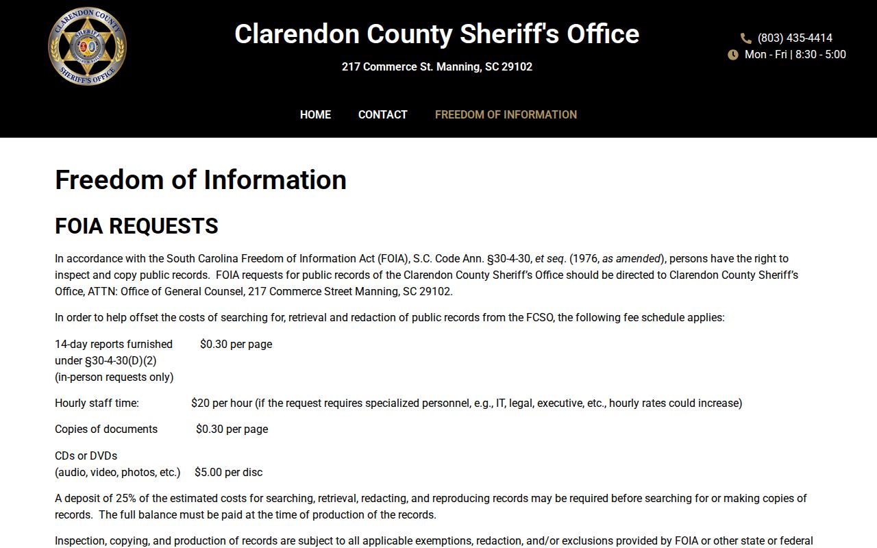 Clarendon County Sheriff's Office booking record request information